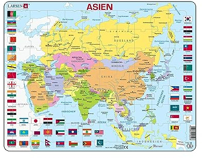 Larsen Puzzle K44 Asien-Politische Karte, Alter 8–12, Geographie-Puzzle, Lernspaß, 70 Teile, Flaggen & Länder