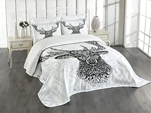 ABAKUHAUS Schwarz-Weiss Tagesdecke Set, Bohem Deer, Set mit Kissenbezügen Waschbar, für Doppelbetten 220 x 220 cm,Weiß Anthrazit