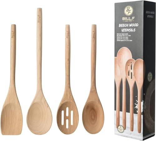 Küchenutensilien Set Holz,Küchenutensilien Küchenhelfer 4 Stück Löffel & Spatel Mix Perfekt für Antihaft-Töpfe und Pfannen Kochgeschirrwender