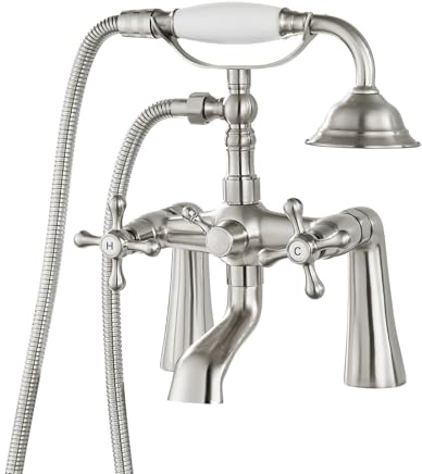 gotonovo Deck Mount Tub Bathtub Faucet Clawfoot with Handheld Shower 6 Inch Brushed Nickel Telephone Shaped Sprayer Showerheld Double Cross Handle