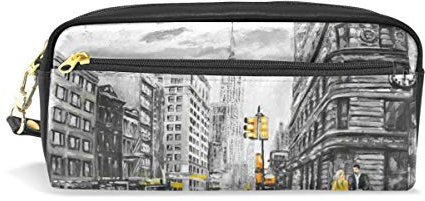 HMZXZ RXYY Federmäppchen Man Frau Gelb Taxi New York Ölgemälde für Student Groß Kapazität Reißverschluss PU Leder Mäppchen Schreibwaren Makeup Tasche für Mädchen Jungs Frauen