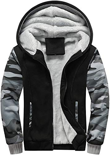 VSUSN Men's Hoodies with Zipper Long Sleeve Hooded Pullover Winter Warm Coats Patchwork Lined Fleece Jackets Plus Thick Outwear(Army Grey & Black,4XL)