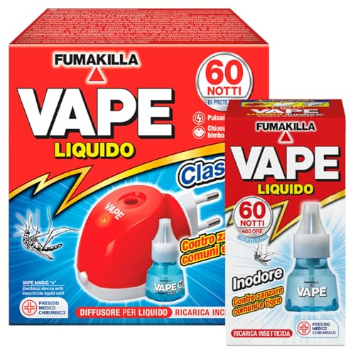 Vape Liquido Diffusore Elettrico con Ricarica Liquida + Vape Ricarica Liquida Insetticida Zanzare Tigre e Comuni Inodore Antizanzare 480 Ore di Efficacia Presidio Medico Chirurgico