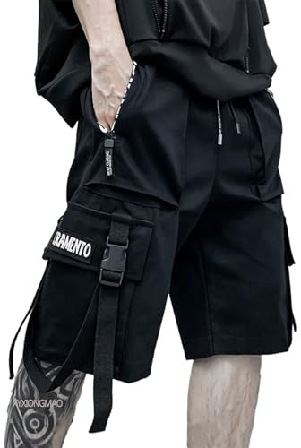 XYXIONGMAO Techwear, pantaloncini cargo da uomo, stile cyberpunk, hip hop, gotico, giapponese, streetwear da uomo, pantaloni tattici gotici, Nero, S