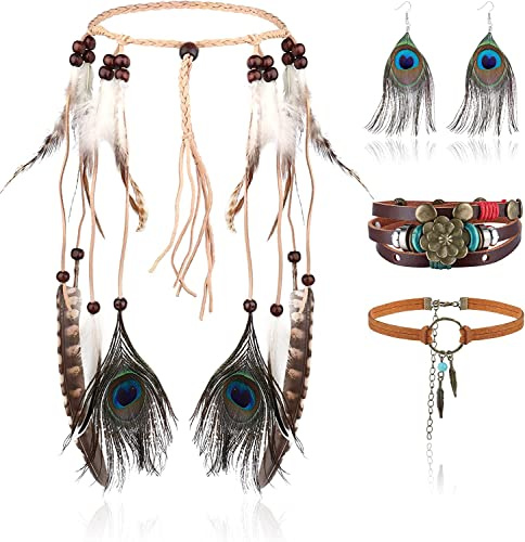 LOLIAS 4 Teiliges Indianer Kopf Schmuck Set Lederhalskette Und Feder Ohrringe Für Damen Handgefertigtes Armband Vintage Boho Hippie Tribal Mottoparty Karneval Schmuck