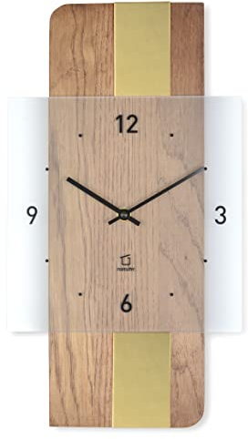 Natuhr Holz Metall Glas Wanduhr - Fusion - geräuscharm Quarz-Uhrwerk plastikfrei verpackt (Eiche rustikal/Messing Auflage)