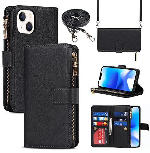 CAVOR Handykette Handyhülle kompatibel mit iPhone 14 Hülle Mit Band,Flip Leder Geldbörse Handyhülle,[9 Kartenfach][Magnetverschluss],Klapphülle Handytasche zum umhängen - Schwarz