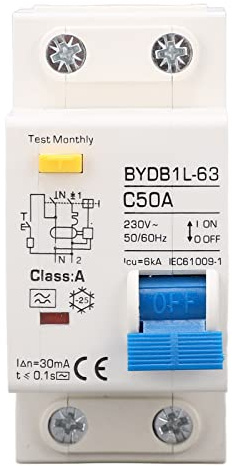 Disjoncteur Miniature 230V, A Type 30mA 50A 1P N Disjoncteur à Courant Résiduel, Protecteur de Fuite Protection Contre les Surcharges Commutateur D'air pour Lignes de Distribution D'éclairage