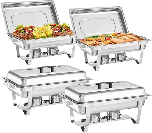 Chafing Dishes for Buffet 4 Pack, 9 Quart Stainless Steel Chafing Dish Buffet Set with Folding Frame, Food Warmers for Parties, Catering Supplies, Banquets, and Weddings