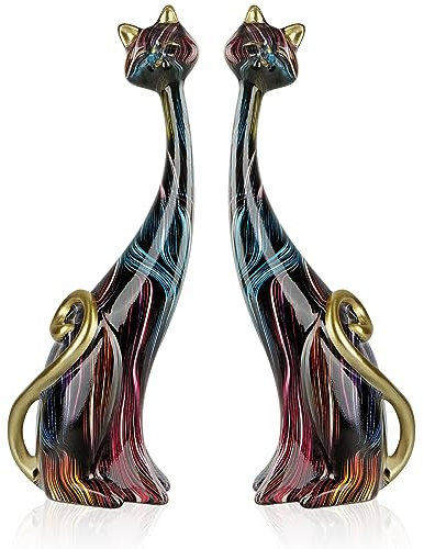 masteymoh 2 Stücke Kunst Harz Skulptur Statue Katzen, Ölgemälde Katzen Skulpturen für Home Office Hotel Bücherregal Desktop Dekoration 24.5cm (Black KY146)