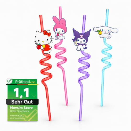 [ Test SEHR GUT, Note 1.1 *] Hello Kitty Kinder Strohhalme – 4er Set wiederverwendbare Spiral Trinkhalme aus Kunststoff – Bunte Strohhalme für Kindergeburtstag, Party Deko, Schule & Feiertage