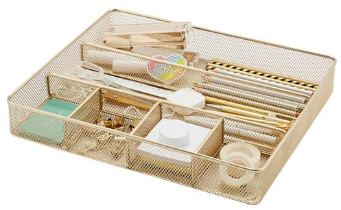 Annova Schreibtisch Schublade Organizer，Aufbewahrung Tray - Metallgeflecht mit Unterteilungen für Stifte, Schreibtischzubehör, Bad, Küche, Make-up und Bürobedarf (groß, Gold)