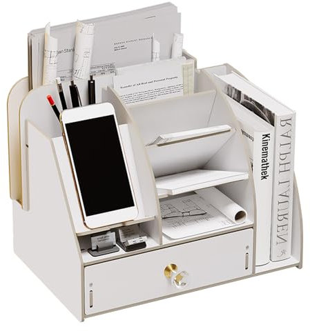 NUODWELL Organizer da scrivania in legno con docking station per telefono, organizer da scrivania con cassetto e libreria, portapenne, accessori da scrivania (B20-1 bianco)