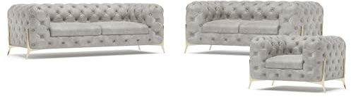 S-Style Möbel Casero Sofagarnitur 3 2 1 Polstergarnitur Chesterfield-Couchgarnitur Couch-Set 3-Sitzer Sofa 225x100x75cm 2-Sitzer Sofa 185x100x75cm Sessel 125x100x75cm Silberne Metallfüße Grau