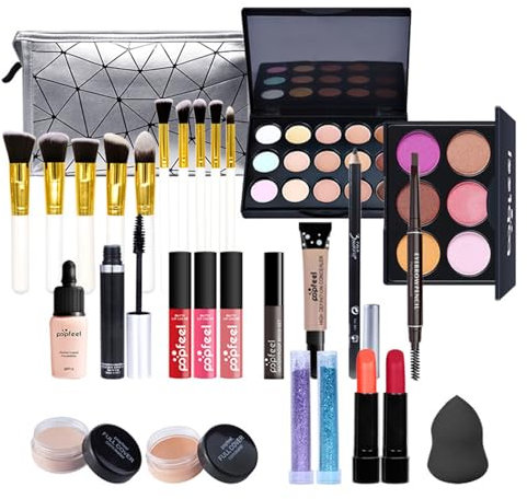 All In One Makeup Set, Makeup-Geschenkset für Frauen Anfänger - Kosmetiktasche mit Lidschatten Palette, Creme Concealer, Lippenstift, Mascara, Pinsel usw - für unterwegs, zum Reisen und Verschenken