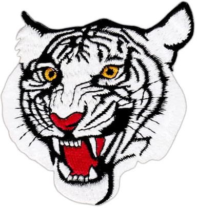 Tiger Kopf Weiß Aufnäher zum aufbügeln oder aufnähen Bügelbild Aufbügler für Kleidung gestickter Bügelpatch Applikation Patch Größe 8,0 x 8,5 cm