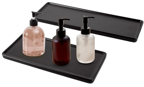 FWEEK 2 Stück Badezimmer Tablett Schwarz, Bad Tablett Schwarzes Rechteckiges, Keramik Badezimmer Aufbewahrungstablett für Waschtisch, Badewanne und Küchen, Zwei Größen