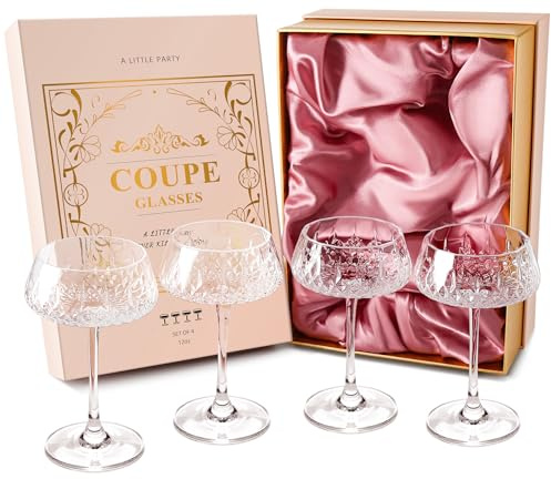VIMERPA Coupe Glasses, Martini Glasses Set of 4, Vintage Champagne Coupe Glasses, 8oz Large Martini Glass, Crystal Retro Style Cocktail Glass for Elegant Bar Drinks, Vintage Art Deco Glassware