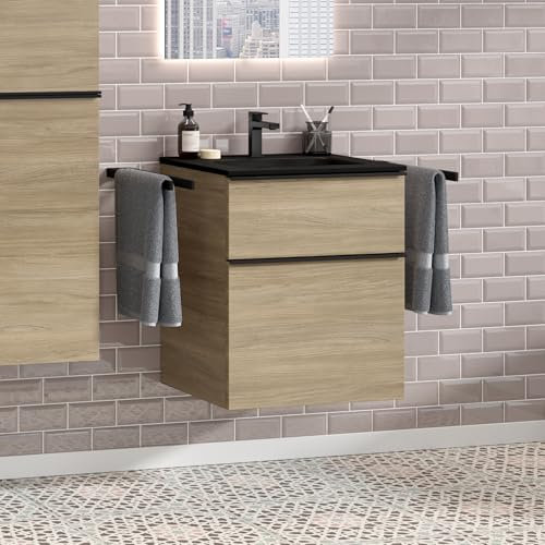 Zentrobad Griff Premium Waschbecken schwarz mit Unterschrank 60 cm Eiche Natur mit Zwei Schubladen und schwarzen Griffen, Waschtisch Badmöbel Badezimmer Schrank Badschrank