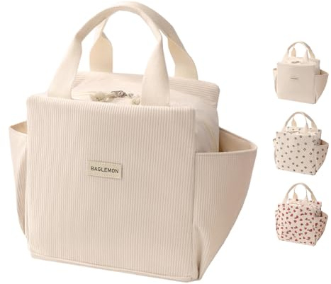 GODWOODS Corduroy Lunch Bag with Cotton Webbing Handles - 13.5L Thermal Insulated Food Tote, Leakproof Reusable Meal Prep Container for Office, Picnics & Travel, (Beige)