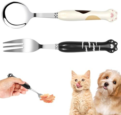 2 Pcs Dog Fork Pets Spoon and Pet Food Forks, Cute Paw Dog Food Fork Pets Feeding Spoon Stainless Steel Pet Cutlery (Black and White)