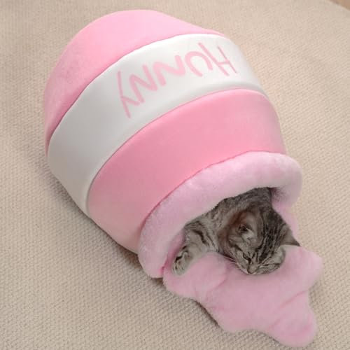 Honey Pot Lit Grotte pour Chat Doux et Épais Rebond Éponge avec Coussin Amovible et Lavable Motif Dessin Animé Mignon pour Petits Chats et Races - Rose