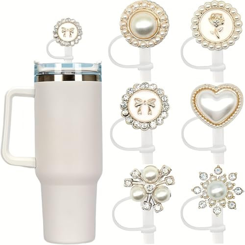 XINCHENG 6Pcs Stanley Straw Cover, Bling Pearl Toppers, Reusable Silicone Tip Covers, Lid for Stanley Cup Tumbler Accessory Decoration