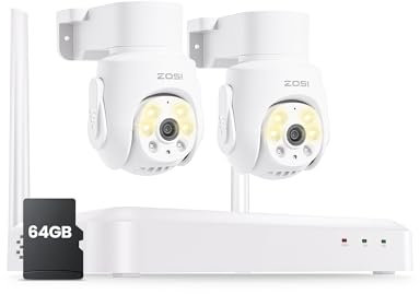 ZOSI 5MP Kit Cámaras de Vigilancia Exterior WiFi6, 8CH 3K Grabador NVR Inalámbrico con 64GB Tarjeta de Memoria y 2X Cámara Seguridad 360° Pan y Tilt, Detección y Seguimiento de Persona, Audio