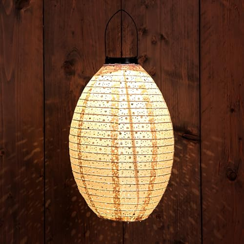 LED Solar Lampion oval sand aus Textil - 32 cm - Garten Deko Beleuchtung warm weiß - Solarleuchte Laterne Leuchtkugel Dekoleuchte Partylicht für Außen wetterfest