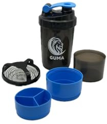 Shaker de Proteínas, Creatina y Bebidas Energéticas para Gimnasio, Azul | Diferentes Compartimentos, Tamiz Mezclador de Acero Inoxidable, Mezclas Sin Grumos