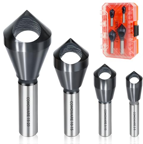 COMOWARE 4pcs TiAIN Coated Chamfer Tool M35 Chamfer Bit 90-Degree Countersink Drill Bit Set for Wood & Metal, Heavy Duty Countersink Bit SAE 1/4-3/4, 2-5, 5-10, 10-15, 15-20mm