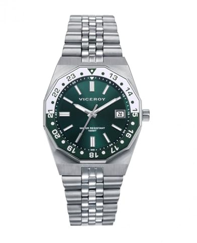 Viceroy Reloj Mujer 42452-67 – Caja de Acero con Bisel Rotatorio, Esfera Verde, Calendario, Brazalete de Acero, 34 mm, 10 ATM