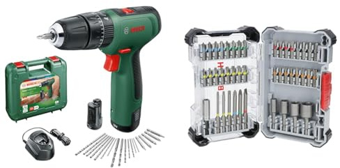 Bosch Cordless Hammer Drill EasyImpact 1200 (2X Batteries, 12 Volt System, 19 Accessories, in Carrying case) + 43x Extra Hard Screwdriver Bit Set (197 x 110.5 mm, Accessories)