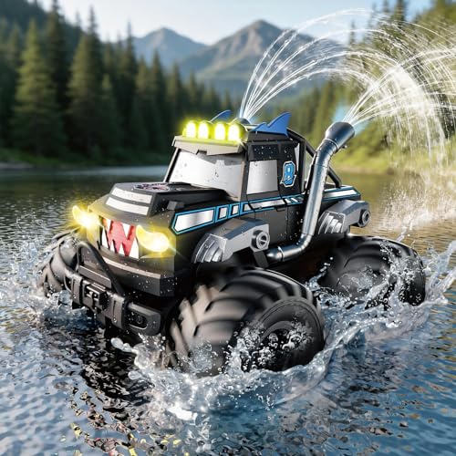 Voiture Télécommandée Tout Terrain Amphibie，2.4GHz Voiture Télécommandée Enfant, 4x4 télécommandée tout terrain, Monstertruck RC avec 360° Drift, Jouet Cadeau pour Garçon Fille 6 ans et plus (Bleu)