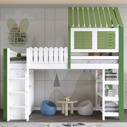 Merax Hochbett Kinderbett 90x200 cm mit Fallschutzgitter, Dach & Fenster, Stauraum mit Kleiderschrank und Lagerregal, Dreistufige Leiter, Kiefer & MDF, Weiß + Grün – ohne Matratze
