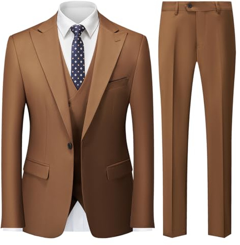 MODFUL Costume 3 pièces pour homme - Coupe ajustée - Avec un bouton - Blazer de mariage - Gilet et pantalon, marron, XL