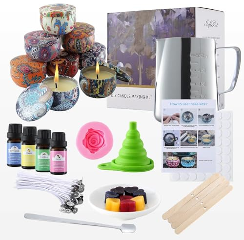 GiftPot Kit per la Fabbricazione di Candele, Set Regalo fai-da-te con 480g di fiocchi di cera d'api, 4 Oli Essenziali, 50 Stoppini e 2 Stampo per Candele, ideale per Principianti