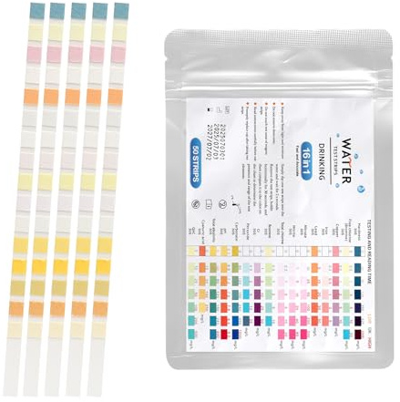 TNSLAND 50 Pezzi Tester D'acqua Potabile 16 in 1, Misurazione Della Durezza Dell'acqua, Test del PH, Piombo, Ferro, Rame, Ecc., Adatte per L'acqua del Rubinetto Domestico, Acquari, Piscine