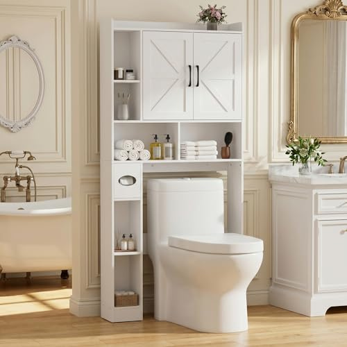BonVache Over Toilet Storage Unit, 9 Storage Compartment, White | Bathroom Cabinet with Double doors, Tissue Compartment and Adjustable Shelf, Side cabinet mountable on either side