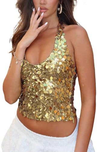 Women's Sparkling Sequins Halter Neck Vest Sleeveless Open Back Tie-Up Glitter Shiny Cropped Slim Fit Tank Tops Party Rave Streetwear (A-Gold, L)