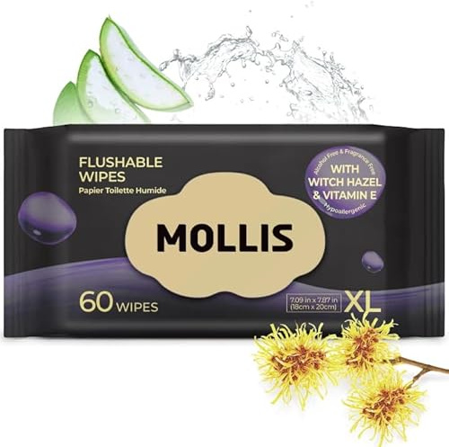 MOLLIS Moist Toilet Tissue Fragrance-free, Witch Hazel Wipes for Adults, Extra Large Flushable Wet Wipes, Intimate & Body Care with Aloe Vera, Soft Cleaning Sheets, 60 Count