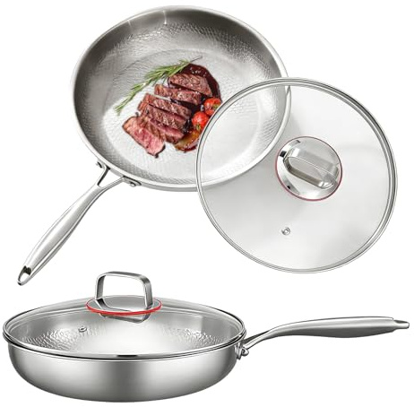 Ruspela Stainless Steel Frying Pan with Lid 28cm, 3-Ply Induction Pan PTFE/PFOA Free Uncoated Cookware, Tri-Ply Clad for Fast Even Heat, Works on Gas, Electric, Induction Hobs Dishwasher and Oven