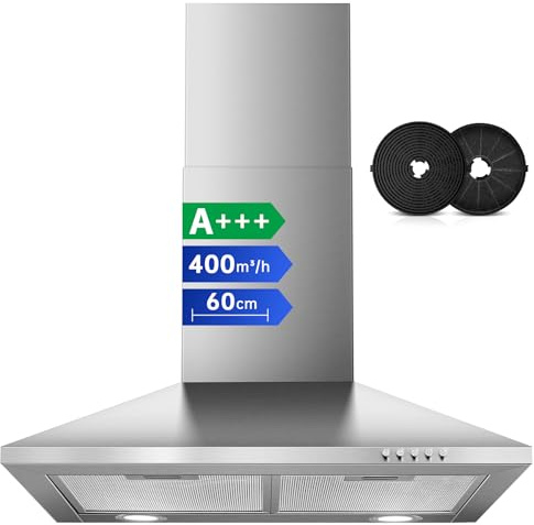 SNDOAS Cappa Aspirante 60 cm, Cappa Cucina con Scarico/Ricircolo, 400 m³/h, A+++, Filtro a Carboni Incluso, 3 Velocità Acciaio Inox Cappa da 60 cm