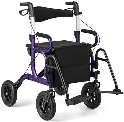 GOPLUS 2 en 1 Andador para Ancianos, Silla con Ruedas de Aluminio Ligero, Alturas Ajustables, Neumáticos para Todo Terreno, Caminadores para Mayores/Discapacitadas (Violeta)