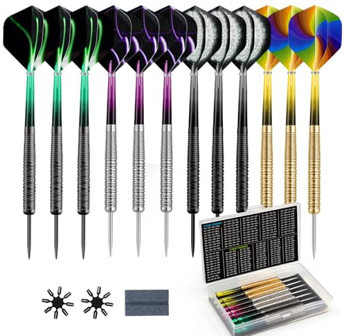 HUANQU 12 Pack Steel Tip Darts, 18g Darts Set with 4 Style Poly Flights With 8 Flight Protectors, Sharpening Stone & Storage Case, Ideal For Beginners, Home, Pub & Office Indoor Casual player Dart Set