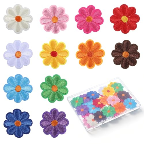 36 Pcs Cute Daisy Flower Iron On Patches, Embroidered Floral Applique, Sew On Decorative Patches, 12 Colors for Clothes, Jeans, Skirts, Bags, Hats, Backpacks & DIY Craft