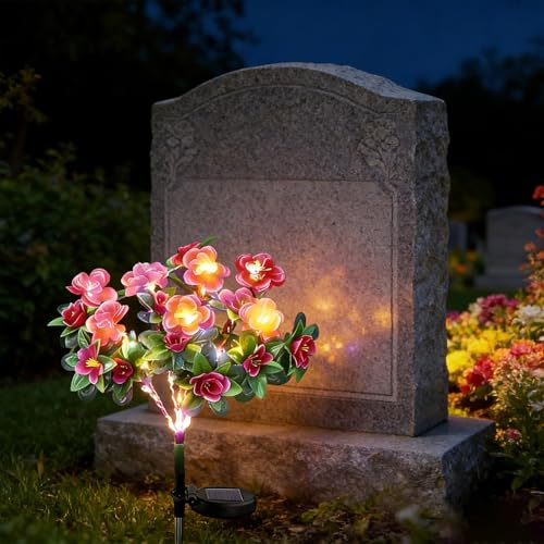 rialgirw Luces de floración del jardín conmemorativo: Con pétalos artificiales ultrarrealistas, luz solar y resistente a la intemperie para estacas de flores de azalea (Rose)