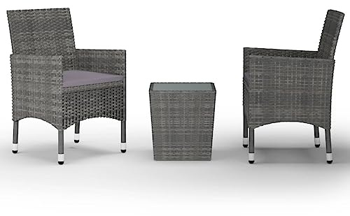 XHNIFBN 3-teiliges Bistro-Set, Balkonmöbel aus Polyrattan, 2 Stühle mit Sitzkissen & Beistelltisch, Grau, Gartenmöbel, Stahlrahmen & Glasplatte