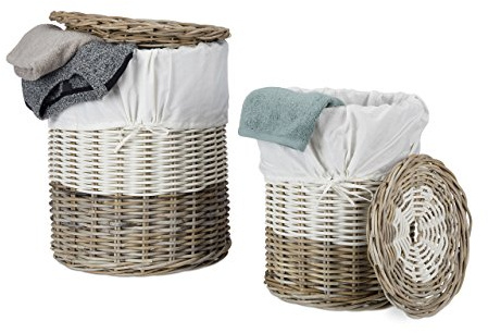 Relaxdays Wäschekorb Rattan, rund, 2er Set, Flechtoptik, abnehmbarer Deckel, weißer Stoffeinsatz, 30 & 60 L, natur/weiß