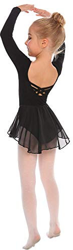 Beyove Mädchen Ballettkleidung Rückenfrei Ballettkleid Baumwolle Langarm Balletttrikot Ballettanzug Kinder Tanzkleid Tanzbody mit Rock Tütü Schwarz 120